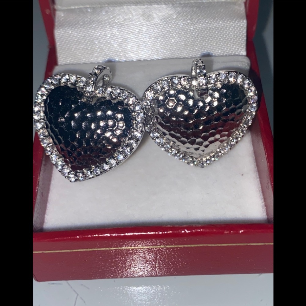 Hammered Sterling CZ Heart Dangle Earrings